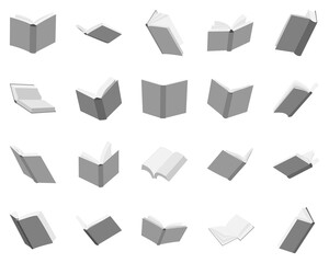 An open book with paper pages in hardcover and softcover. Learning, reading, education, bookstore. Set of vector icons, flat, gray, isolated