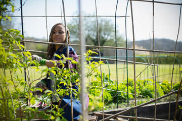 Young woman gardening at trellis in sunny garden