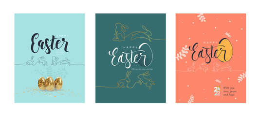 Happy Easter poster and card. Set of Easter design with typography. Continuous one line drawing Easter bunny. Modern minimalist. Vector illustration poster, banner, greeting card, header for website