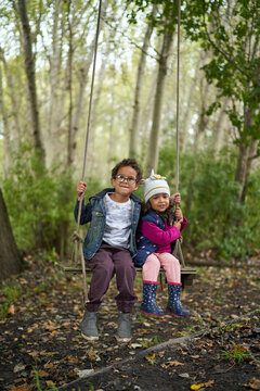Portrait cute brother and sister on swing in woods