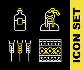 Set line Ukrainian cossack, ethnic pattern, Wheat and Bottle of vodka icon. Vector