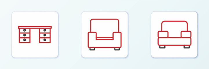 Set line Armchair, Office desk and icon. Vector