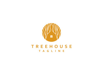 Tree House logo. Yellow Home and Tree on Circle isolated on White Background. Usable for Business, Community and Industry Logos. Flat Vector Logo Design Template Elements.