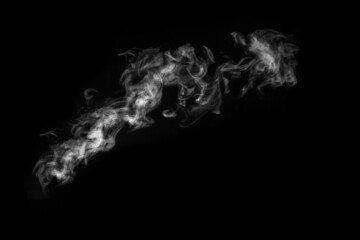 Diagonal mystical curly white vapor or smoke isolated on black background. Abstract fog or smog background