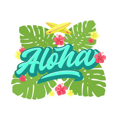 Aloha beach lettering. Havaiian summer tropical sign, label, card template. Monstera palm leaves, hibiscus and surfing boards flat style decorative illustration Isolated