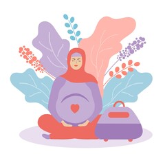 Pretty pregnant woman in hijab with a bag. Muslim girl. Time of birth or trip to the hospital. Pregnancy and motherhood. Carrying a child. Flat illustration. Violet.