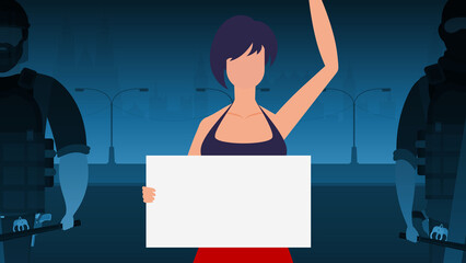 A woman with a banner on the background of the city. Protest concept. Vector illustration.