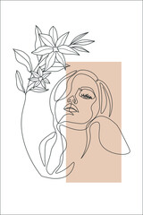 one line: International Women's Day beautiful woman face illustration fashion hand drawn simple banner template for sale image cosmetic greeting card invitation flower on head
Flowers, flora, herbs