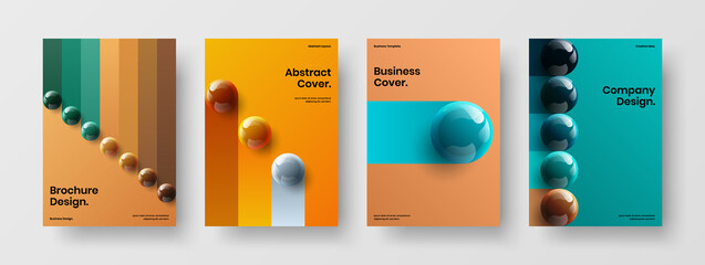 Bright magazine cover vector design template collection. Premium 3D balls booklet illustration set.