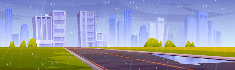 Road, city with buildings and skyscrapers and green lawn in rain. Vector cartoon illustration of summer landscape with empty highway and modern town on horizon at rainy weather