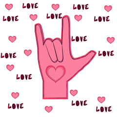 Sign language love. signs of love. Hearts patterns. Silhouette of hands.