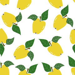 Yellow ripe apples with branches and leaves on a light background. Vector illustration
