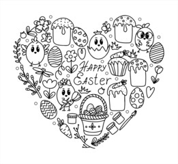 Easter traditional doodle collection - eggs, chickens, basket, Christian vector set decorating. Vector hand drawings ilustration isolated Background