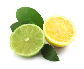 Halves of fresh ripe lemon, lime and green leaves on white background