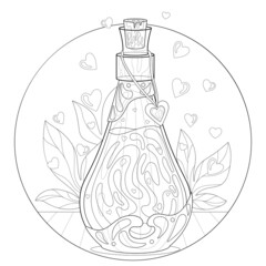 Love potion in the glass vial, flying hearts, leaves in the round shape. Magic, fantasy. Illustration on a white isolated background. For coloring book pages.