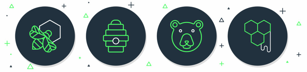 Set line Hive for bees, Bear head, Bee and honeycomb and Honeycomb icon. Vector