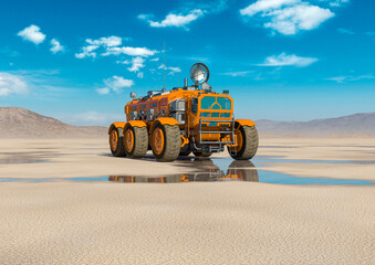 sci fi rover in the desert after rain far away view