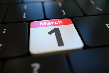 March 1 date on a keyboard key, 3d rendering