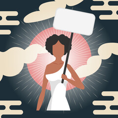 Girl with a banner. Chinese style banner. The concept of expressing thoughts, dissatisfaction and protests. Vector illustration.