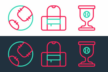 Set line Award cup with baseball ball, Baseball and Sport bag icon. Vector
