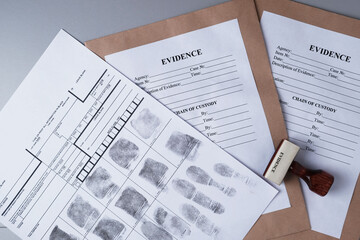 Fingerprint card and paper envelopes for packaging evidence on  gray background