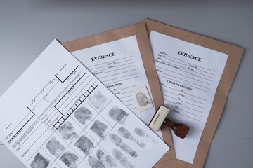 Fingerprint card and paper envelopes for packaging evidence on  gray background