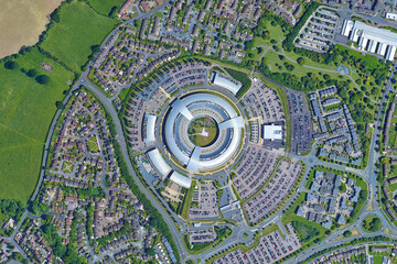 Government Communications Headquarters - GCHQ looking down aerial view from above – Bird’s eye...