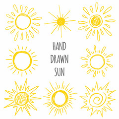 Hand drawn set of funny vector doodle suns