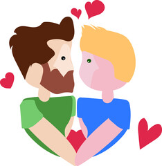 a man with a brown beard looks in love and hugs a young man with blond hair in a heart shape with small red hearts around