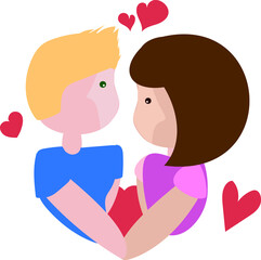 a young blond man looks in love and hugs a brunette girl in a heart shape with small red hearts around
