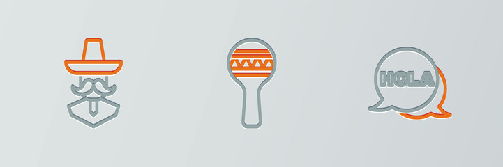 Set line Hola, Mexican man sombrero and Maracas icon. Vector © vector_v