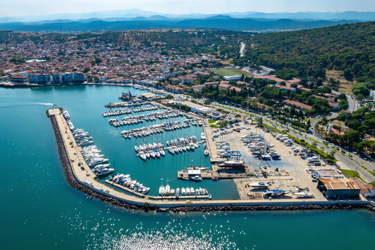 Aerial view of marina, Ayvalik, Turkey.
