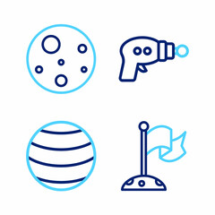 Set line Moon with flag, Planet, Ray gun and Mars icon. Vector