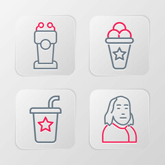 Set line Benjamin Franklin, Paper glass with straw, Ice cream waffle cone and Stage stand or tribune icon. Vector