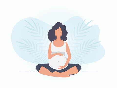 Yoga for pregnant women. Active well built pregnant female character. Banner in blue tones for you. Vector illustration in cartoon style.