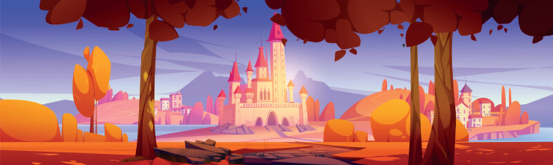 Magic castle and medieval town buildings at scenery autumn landscape. Fairy tale kingdom palace with turrets surrounded with water, rocky road lead to fantasy fortress gate Cartoon vector illustration © klyaksun
