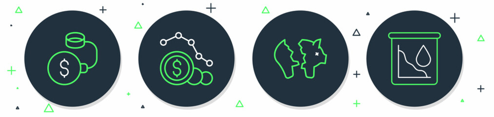 Set line Dollar rate decrease, Broken piggy bank, Debt ball chained to coin and Drop crude oil price icon. Vector