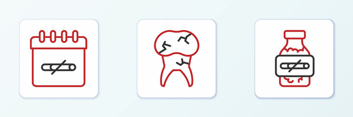 Set line Nicotine gum in blister pack, No smoking days and Tooth with caries icon. Vector