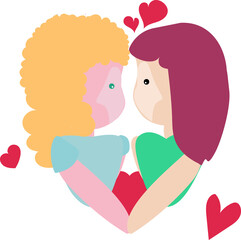 A young caucasian girl with blonde curly hair looks in love and hugs a woman with red hair in a heart shape with red hearts around