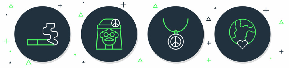 Set line Hippie girl, Necklace with peace symbol, Cigarette and The heart world - love icon. Vector