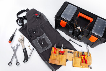 Set of construction tools for repair and installation on a white background. Service banner for plumber or repairman