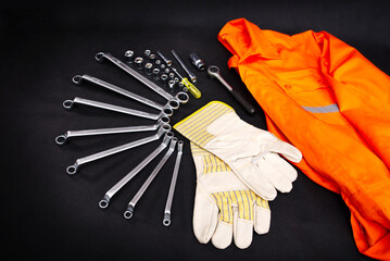 Set for repair and installation on a black background. Set for technician. Service banner for technician, plumber or repairman