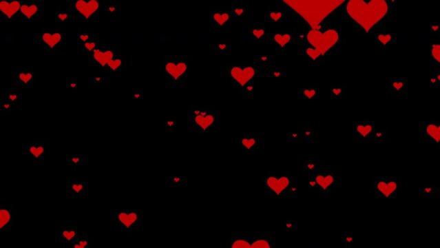 Abstract red hearts on a dark background. Concept: Valentine's Day, anniversary, mother's day, wedding, love day. Seamless loop 4k video. 3D. Isolated black background.