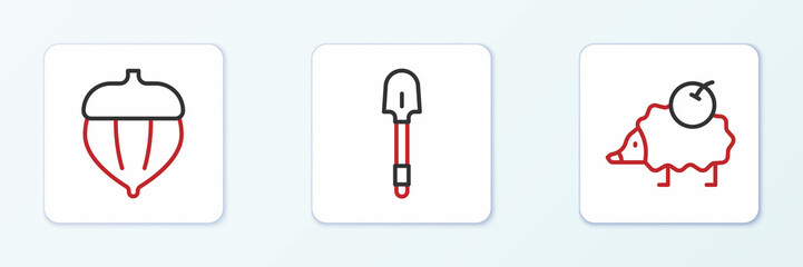 Set line Hedgehog, Acorn and Shovel icon. Vector