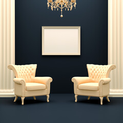 Interior with armchair, photo frame, chandelier, pillar or column and black background