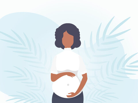 A pregnant girl holds her hands on her stomach. Banner in blue tones. Vector illustration.