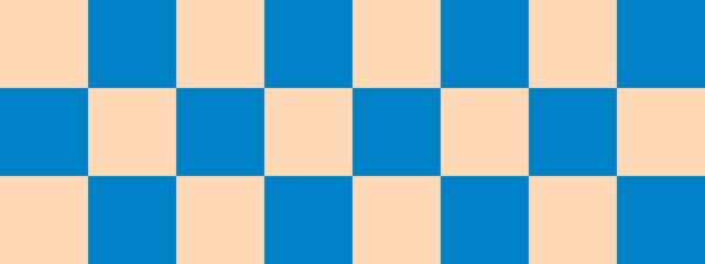 Checkerboard banner. Blue and Apricot colors of checkerboard. Big squares, big cells. Chessboard, checkerboard texture. Squares pattern. Background.
