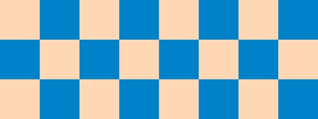 Checkerboard banner. Blue and Apricot colors of checkerboard. Big squares, big cells. Chessboard, checkerboard texture. Squares pattern. Background.