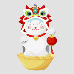 China lion dance maneki neko cat set in chinese style.Vector graphic. Happy chinese new year illustration. Japanese icon with red china symbol.