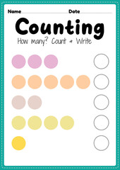 Counting worksheet, math printable sheet for preschool and kindergarten kids activity to learn basic mathematics count and write skills.